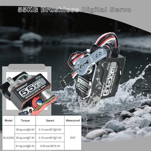 55KG Brushless Servo, BLS3355 High Torque IP67 Waterproof Steering Digital RC Servo for 1/8 1/10 RC Car Crawler Truck Buggy Boat Plane Robot 270 Degree (All Metal Shell)