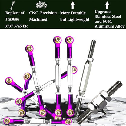 Stainless Steel Camber Links with Rod Ends for 1/10 Traxxas Rustler,Purple | Adjustable Turnbuckles with Spacers & Wrench for Slash 4X4/2WD, Stampede 4X4, Hoss 4X4, Bandit/VXL RC Car Hops Up Parts - color: Purple