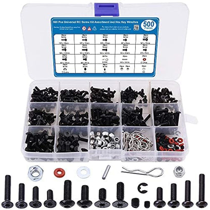500 Pcs Universal RC Screw Kit Assortment Set for 1/8 1/10 1/12 1/16 Scale RC Cars Trucks Crawler M3 M4 Allen Head Hex Screws Nuts Shell Buckles