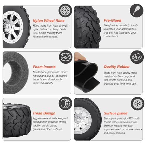 HobbyPark Pre-Glued RC Short Course Tires and Wheels Chrome 12mm Hex 1/10 Scale for Traxxas Slash 4x4 2wd Vxl BL-2S Redcat Blackout SC Pro TR10 Losi 22S SCT 3S 4S Lipo Brushless 4 Sets (Style A)