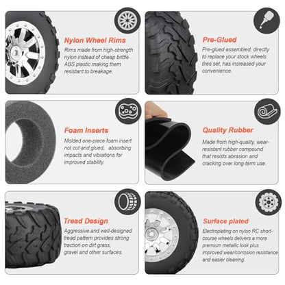 HobbyPark Pre-Glued RC Short Course Tires and Wheels Chrome 12mm Hex 1/10 Scale for Traxxas Slash 4x4 2wd Vxl BL-2S Redcat Blackout SC Pro TR10 Losi 22S SCT 3S 4S Lipo Brushless 4 Sets (Style A)