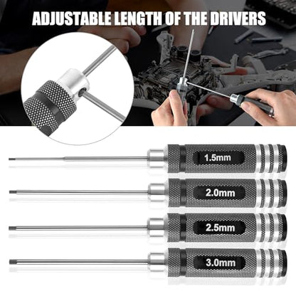 RC Hex ScrewDriver Set - 4pcs 1.5mm 2.0mm 2.5mm 3.0mm RC Tool Kit | Hex Allen Screwdriver Kit for RC Car 1/10, Helicopter & Repair Tools, Durable RC Screwdriver Set for Precision Maintenance