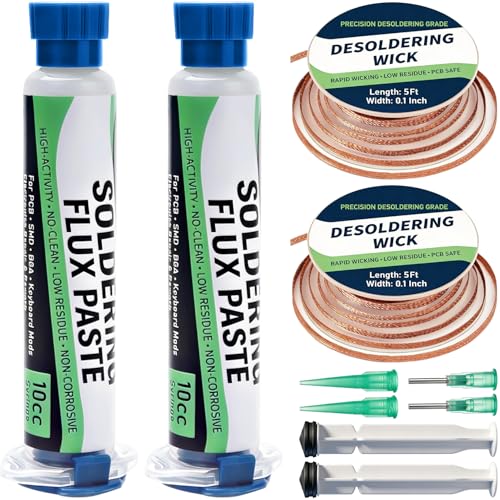 Solder Flux Paste & Desoldering Wick: No Clean Rosin Handy Flux Syringe + Solder Wick Braid Circuit Board Electrical Repair Soldering Accessories Kit, Electronics Soldering Supplies & Desoldering Tool