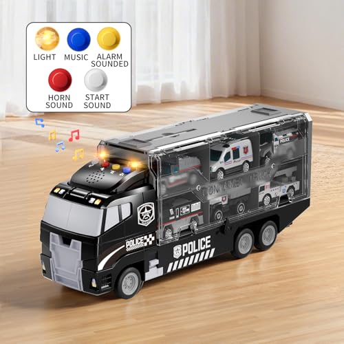 NIPLOOOW Toddler Boys Toys for 3 4 5 6 Years Old, Police Truck Vehicle Toy Set with Play Mat and Die-Cast Toy Car, Transport Carrier Truck for Kids, Birthday Gifts Toys for 3 4 5 6 7 8+ Year Old Boys - style: Police truck