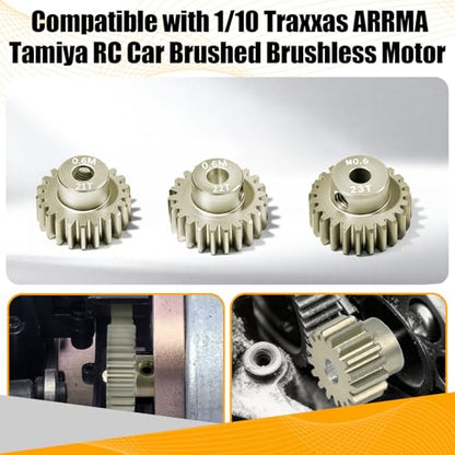 3PCS 0.6 Mod 0.6M Pinion Gear Set 21T 22T 23T, 7075 Aluminum Alloy with 3.175mm Bore for 540 550 Brushed Brushless Motors, Fits for 1/10 Tamiya Redcat HSP HPI RC Cars - size: 21 22 23T