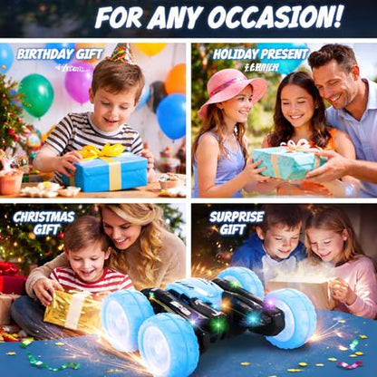 Remote Control Car for Kids, 360° Rotating Stunt Car, Double-Sided Driving, 2.4GHz RC Car, Rechargeable All-Terrain Toy, LED Glowing Wheels with Projection, for Boys & Girls Ages 4-8 - color: Blue