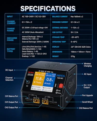 HOTA D6 Ultra GaN+SiC Smart Lipo Charger, 650W DC/300W AC 15A×2 Dual Channel RC Battery Charger for LiPo Life LiIon NiMH Lead Acid 1-6S FPV Drone RC Car Boat with 2.8" Color LCD & Wireless Charging ﻿
