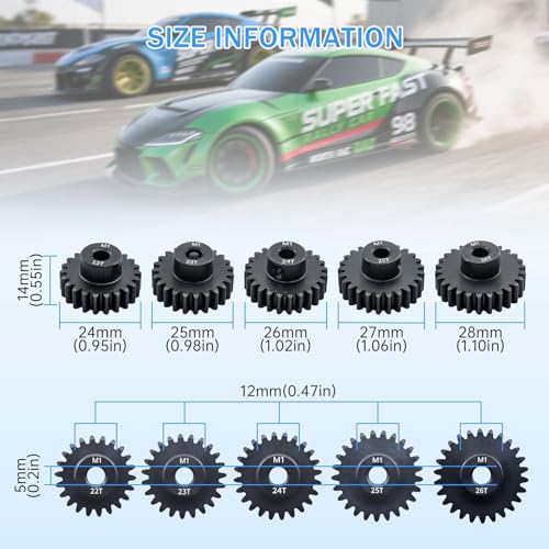 Metal Steel M1 Pinion Gear Sets 22T 23T 24T 25T 26T for 5mm Shaft Motor Gears with Hex Key for 1/8 RC Car Brushless Brush Motor Parts - size: 22T 23T 24T 25T 26T