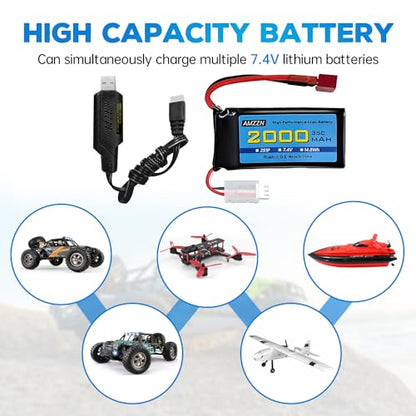 7.4V 2000mAh 35C 2S Lipo Battery with T-Plug and USB Charging Cable for 300E 9200E 9201E 9206E M416 H16PL 903A HP162S HM124 RC Car, RC Ship Drone Battery