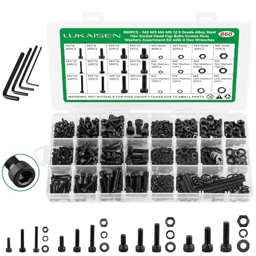 860Pcs M2-M5 Metric Screws, 12.9 Alloy Steel Hex Bolts & Nuts Kit | High-Tensile,M2 M3 M4 M5, Hex Socket Head Cap Bolts & Nuts Kit, With Lock & Flat Washer & Wrench, For 3D Printing,DIY, Home - size: M2 M3 M4 M5 860pcs 3