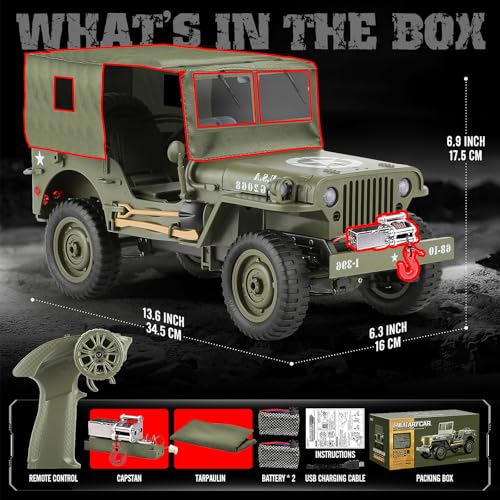 1/10 Scale RC Military SUV, Remote Control 4WD Off-Road Vehicle with Alloy Frame Chassis, with Winch and Capstan, Army Vehicle with Opening Hood and Folding Windshield, 2 Batteries, - color: Rc Car + Winch + Tarpaulin+2 Battery