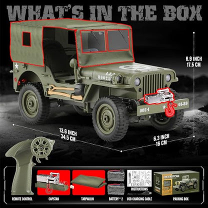 1/10 Scale RC Military SUV, Remote Control 4WD Off-Road Vehicle with Alloy Frame Chassis, with Winch and Capstan, Army Vehicle with Opening Hood and Folding Windshield, 2 Batteries, - color: Rc Car + Winch + Tarpaulin+2 Battery