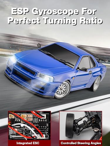 LD1899 1/18 Scale RC Drift Car, GTR R34 2.4GHz RWD Mini Model Car with Gyro, Alloy Body Shell Racing Cars for Adults Toys (Blue) - color: Blue