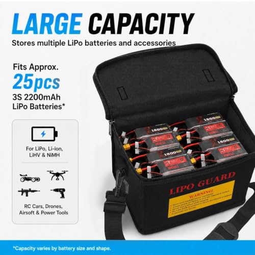 LiPo Safe Bag Fireproof Explosionproof Battery Storage & Charge Safe Pouch | Fire Resistant Large Capacity Battery Guard Bag with Side Charging Port, Double Zipper, Reinforced Handle & Shoulder Strap - color: Black