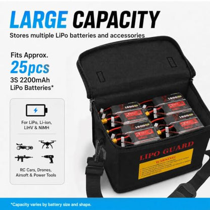 LiPo Safe Bag Fireproof Explosionproof Battery Storage & Charge Safe Pouch | Fire Resistant Large Capacity Battery Guard Bag with Side Charging Port, Double Zipper, Reinforced Handle & Shoulder Strap - color: Black