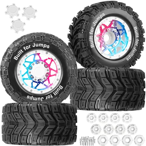 RC Truck Tires 12mm/14mm/17mm Hex RC Wheels and Tires for 1/10 Big Rock Granite Vortek/Stampede Rustler Hoss/L0s1 Rc 4wd,RC Monster Truck Car Wheel 4Pcs,Colorful(Red Blue Tone) - color: Colorful(red Blue Tone) - (12mm/14mm/17mm Hex)