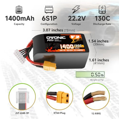 OVONIC 130C 6S 1400mah Lipo Battery 22.2V Pack with XT60 Plug for FPV Racing（2pcs）
