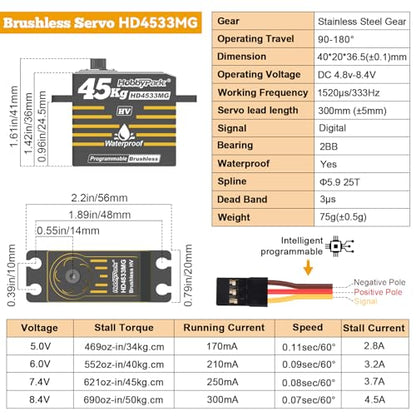 HobbyPark Waterproof RC Servo High Torque Brushless Motor Metal Gear Digital Servo Aluminum Case for 1/8 1/10 RC Crawler SCX10 TRX4 RC Truck Car Buggy RC Basher Control Angle 180° HV (45kg Torque)