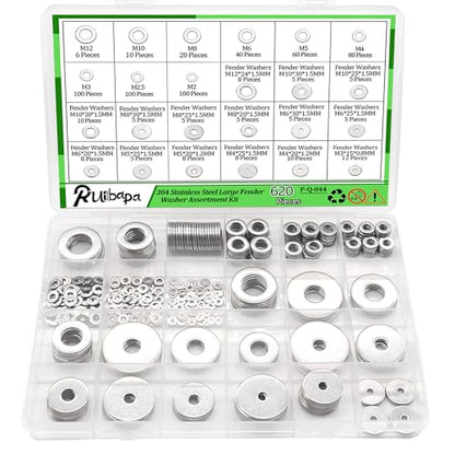 620pcs Fender Washers for Screws and Bolts,Fender Washer Assortment Kit 304 Stainless Steel 24 Different Sizes-M2 M2.5 M3 M4 M5 M6 M8 M10 M12 for Home and Industrial Usage - size: 620pcs