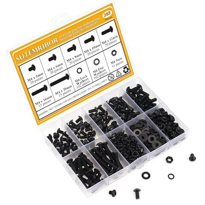 385 Pieces M4 Screws Nuts Washers Set Black, Sutemribor M4 x 5/6/8/10/12/16/20mm Button Head Socket Cap Screws Nuts Washers Assortment Kit, 10.9 Grade Alloy Steel, Fully Threaded - size: M4, style: Button Head Socket Cap