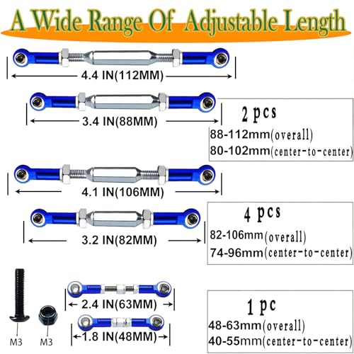 (2026 Upgrade) 78-108mm Stainless Steel Turnbuckles/Camber Link for 1/10 Traxxas Slash 4X4 VXL/Rustler 4X4 VXL/Stampede 4X4 VXL/Hoss 4X4/ RC Car Hops Up Parts(Blue) - color: Sky Blue