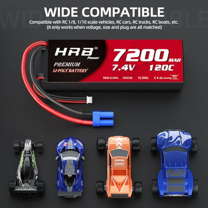 HRB 2PCS 2S 7200mAh Lipo Battery EC5 120C 7.4V Compatible with RC Car