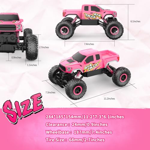Double E Pink Monster Truck Remote Control Car for Girls | Cool 4WD RC Truck Toy with Off-Road Tires, Fun Outdoor Gift for Kids Ages 6-12 - color: Pink