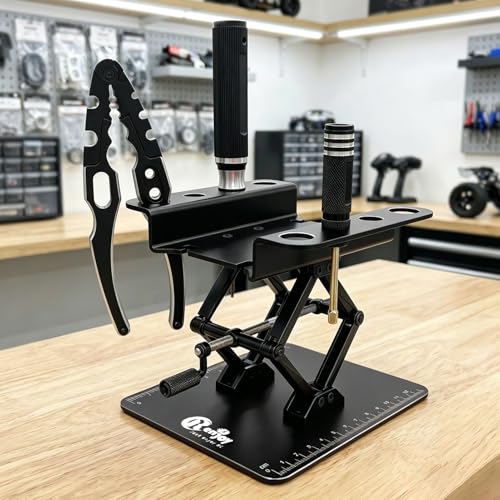 RC Stand Lift Lower with 3-Slot Screw Tray for 1/8 1/10 1/12 Scale, Black | Aluminum RC Car Work Stand Repair Tool Set for RC Cars Crawler Truck Traxxas TRX4 Axial SCX10 Upgrade - color: All Black, With 3-slot Screw Tray