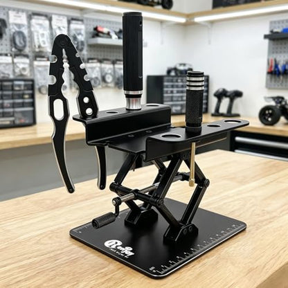 RC Stand Lift Lower with 3-Slot Screw Tray for 1/8 1/10 1/12 Scale, Black | Aluminum RC Car Work Stand Repair Tool Set for RC Cars Crawler Truck Traxxas TRX4 Axial SCX10 Upgrade - color: All Black, With 3-slot Screw Tray