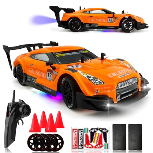 1:16 Spray RC Drift Car for Kids 4WD 2.4GHz 40KM/H High Speed Remote Control Car with LED Lights Drifting Tires & 2 Batteries, Racing Sport Toy for Boys Girls (Orange) - color: Orange