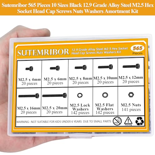 565 Pieces M2.5 Screws Nuts Washers Set Black, Sutemribor M2.5 x 4/6/8/10/12/16/20mm Hex Socket Head Cap Screws Nuts Washers Assortment Kit, 12.9 Grade Alloy Steel, Fully Threaded - size: M2.5, style: Socket Head
