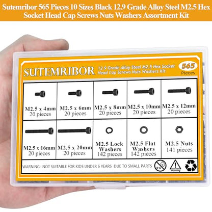 565 Pieces M2.5 Screws Nuts Washers Set Black, Sutemribor M2.5 x 4/6/8/10/12/16/20mm Hex Socket Head Cap Screws Nuts Washers Assortment Kit, 12.9 Grade Alloy Steel, Fully Threaded - size: M2.5, style: Socket Head