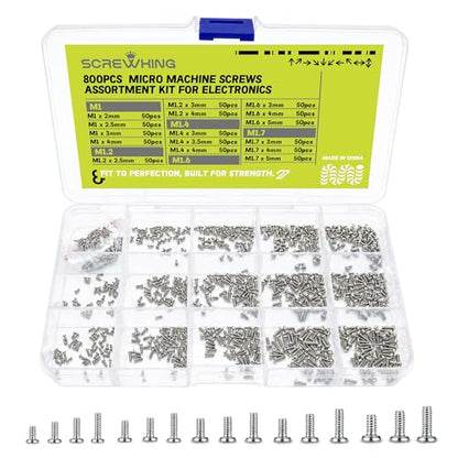 800PCS Micro Screws Assortment Kit, M1/M1.2/M1.4/M1.6/M1.7 Mini Phillips Pan Head Screws, Bright Nickel Plated Small Machine Screw Set for Electronics Repair, DIY, Precision Devices
