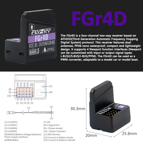 GoolRC Flysky FGr4D Receiver, 2.4GHz 4 Channels AFHDS 3 Receiver Built-in Dual Antenna PWM/PPM/i-BUS2/S.Bus/i-Bus Output Compatible with Flysky Noble NB4 PL18 EL18 RC Transmitter for RC Car Boat