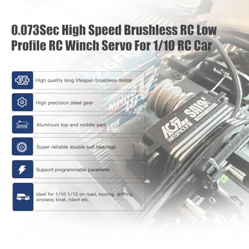 AGFRC 19KG Waterproof Low Profile 1/10 Scale Winch Servo(SA19 Winch) | 0.073Sec, 8.4V HV, Brushless Motor, Programmable, Full Metal Gear, with 25T Metal Winch Horn, for 1/10 RC Cars & Crawlers