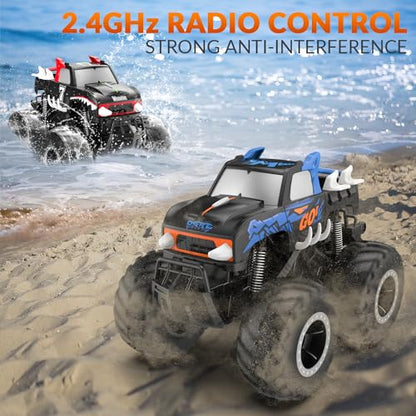 STEMTRON 1:16 Amphibious Monster Truck All Terrain RC Car Toys | 2.4GHz 4WD Waterproof Remote control car, Double-Sided Surfing Off-Road Vehicle, Pool and Yard RC Crawler Gifts for Boys Kids - color: Blue Truck, size: 1:16 Scale