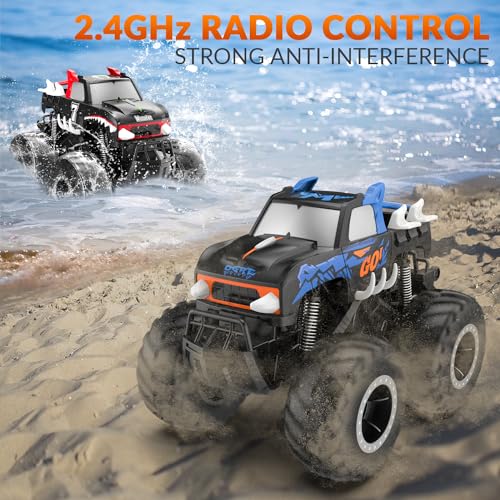 STEMTRON 1:16 Amphibious Monster Truck All Terrain RC Car Toys | 2.4GHz 4WD Waterproof Remote control car, Double-Sided Surfing Off-Road Vehicle, Pool and Yard RC Crawler Gifts for Boys Kids - color: Blue Truck, size: 1:16 Scale