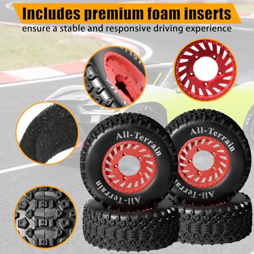 1/10 RC Short Course Truck Wheel Tires Set- 12mm/17mm Hex, Red | All-Terrain Tires and Nylon Wheels Compatible with 1/10 Traxxas Slash 4WD 2WD Arrma Senton Axial Losi Redcat RC Buggy, 4-Pack - color: Red