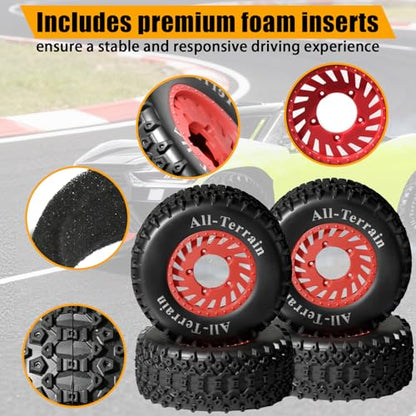 1/10 RC Short Course Truck Wheel Tires Set- 12mm/17mm Hex, Red | All-Terrain Tires and Nylon Wheels Compatible with 1/10 Traxxas Slash 4WD 2WD Arrma Senton Axial Losi Redcat RC Buggy, 4-Pack - color: Red