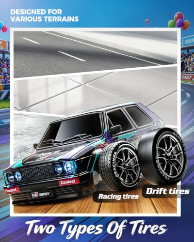 RC Drift Car, 1/24 Remote Control Drift Car for Adults Kids, 4WD 20KM/H High Speed Classic 80s-Style Sports Hatchback Toy Vehicle with LED Lights, Extra Racing Tires, for Boys Beginners