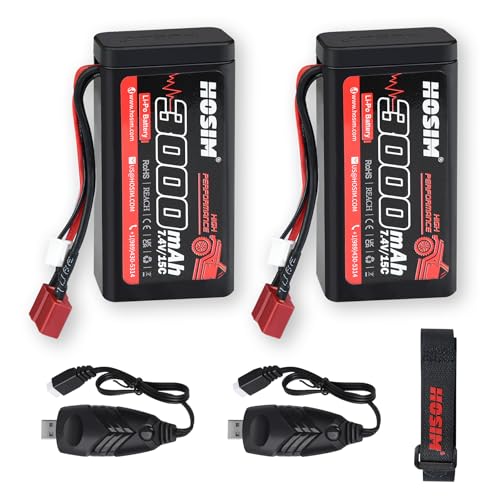 Hosim 2PCS 7.4V 15C 3000mAh Lipo Battery RC Lipo Batteries with 2 USB Chargers & 1 Battery Strap for Brushless RC Car Remote Control Car Truck RC Boat Battery