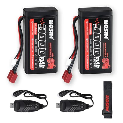 Hosim 2PCS 7.4V 15C 3000mAh Lipo Battery RC Lipo Batteries with 2 USB Chargers & 1 Battery Strap for Brushless RC Car Remote Control Car Truck RC Boat Battery