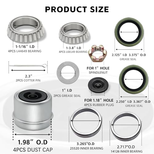 4 Sets 3500 LB Boat Trailer Axle Bearing Kits, L68149 L44649 Bearings with 171255TB (10-19) Grease Seals, Fits 1-3/8" to 1-1/16" Bearings, 1.98" Dust Caps, Rubber Plugs, Cotter Pins – Fits #84 Spindle - color: 4 Set L68149 L44649 Bearings Kit