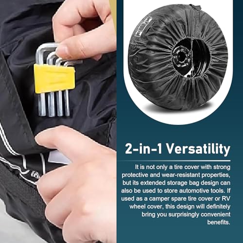 Car Spare Tire Cover, Waterproof Anti-scratch Oxford Cloth Protector with Adjustable Clip, Side Tool Pouch and Wider Handle Foldable Bag with Clear Marking, for 19" - 23" Tire (Black) - color: Black #Large