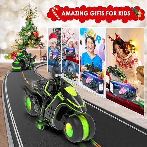 Remote Control Motorcycle, 2026 New Edition with RGB Color-Changing Wheels and Exclusive Sideways Glide, Ready-to-Play with 2 Batteries, 2.4GHz RC Stunt Bike Gift for Kids Boys Girls 5-12 - color: Green