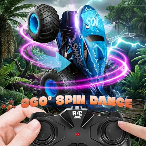 BEZGAR Monster Truck Toys, 1:20 Remote Control Car with Light & Music | Blue Dinosaur Toys for Kids, RC Truck with 360° Spins and Drifting, Toy Car Gifts for Boys, Battery Life of 20 Minutes - color: Blue Shark