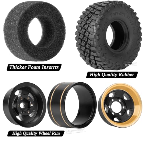 1.0in Beadlock RC Wheels and Tires for 1/18 Trx4m,1/24 SCX24 RC Crawler Car,1.0 Beadlock Rims & 1.0 Beadlock Tires,Brass Wheels Soft Sticky Rubber Tires,4PCS(Style A)