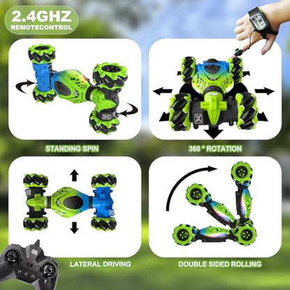 Gesture RC Car Green, 1:24 4WD Transform Off-Road Stunt Car with Gesture & Remote Control, 360° Flips Drift Vehicle with LED Lights Music, All Terrain Toy Cars Gifts for Boys Girls Age 6-12 - style: 1:24 Green
