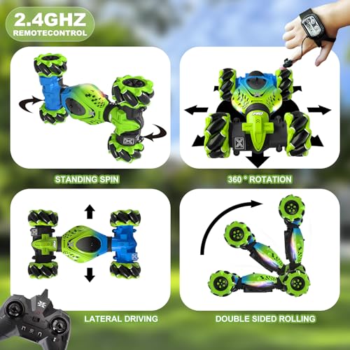 Gesture RC Car Green, 1:24 4WD Transform Off-Road Stunt Car with Gesture & Remote Control, 360° Flips Drift Vehicle with LED Lights Music, All Terrain Toy Cars Gifts for Boys Girls Age 6-12 - style: 1:24 Green