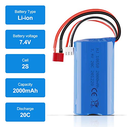 2S Li-ion Battery 7.4V 2000mAh 20C T Plug Female Connector Rechargeable Battery with USB Battery Charger for RC Car Off Road Truck Jumper T16 Transmitter etc